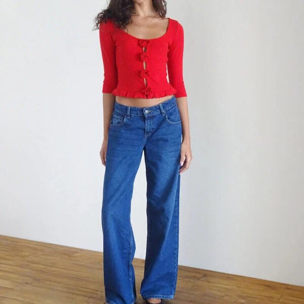 3D Rosette Front Hollow Out Vintage Half Sleeve Elegant Lady Slim Fit Y2K Crop Top - Image 3