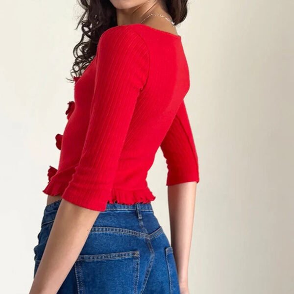 3D Rosette Front Hollow Out Vintage Half Sleeve Elegant Lady Slim Fit Y2K Crop Top - Image 4