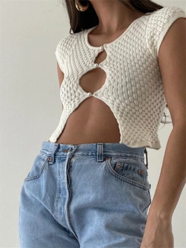 Short Sleeve Ruched O-Neck Buttons Up Y2K Knitted Crop T-shirts - Image 3