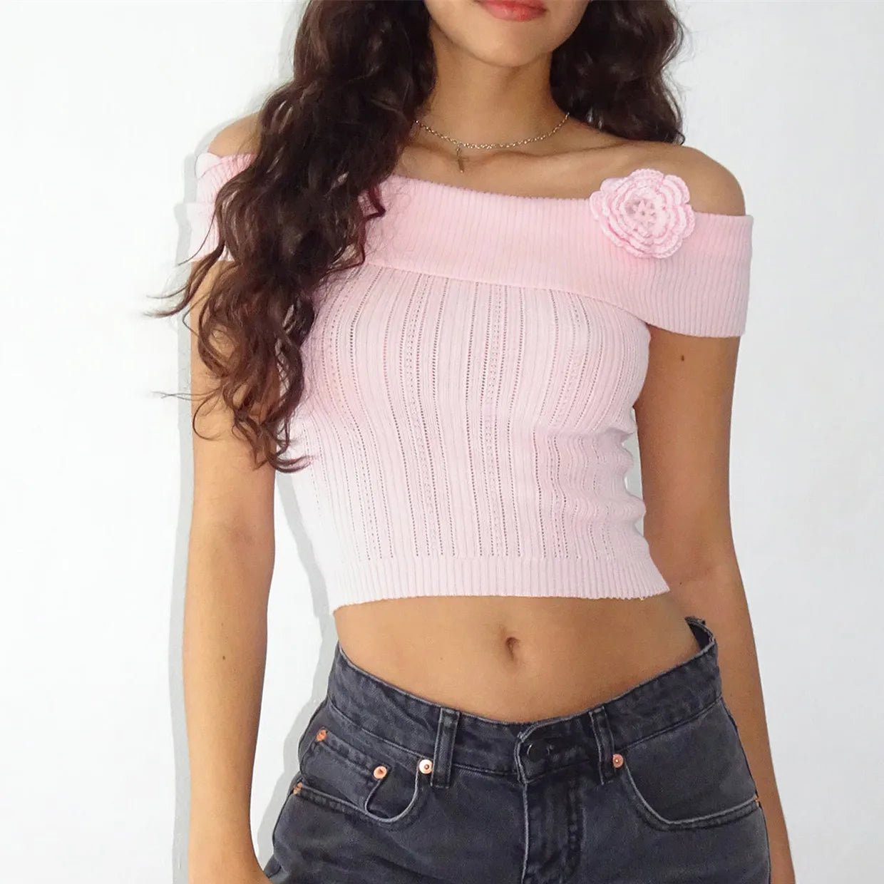 3D Floral Boat Neck Crop Top - Image 2