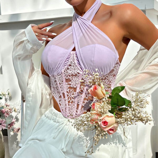 Crossed Halter Neck Lace Floral Classic Mesh Cropped Corset Top - Rose
